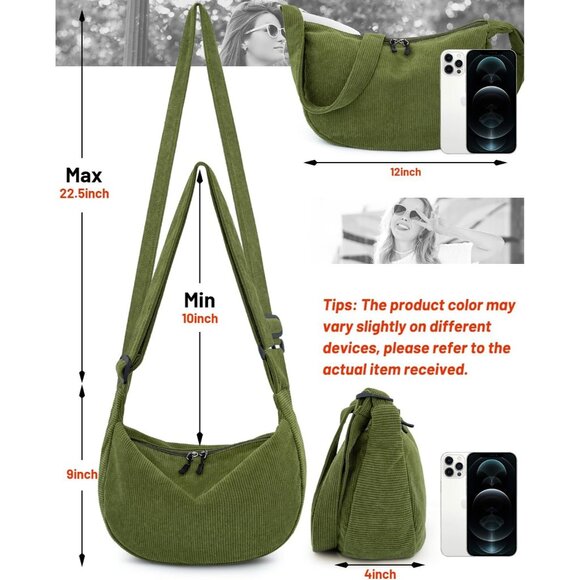 Women Corduroy Green Imported Polyester Crossbody Lightweight Crescent Sling Bag - Picture 3 of 7